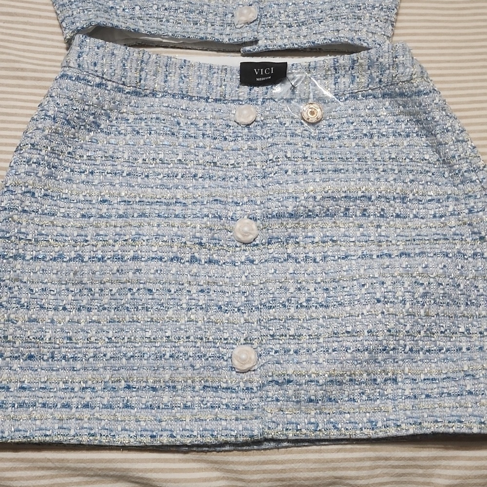 Vici Light Blue Tweed Button Front Crop Top - Picture 2 of 4
